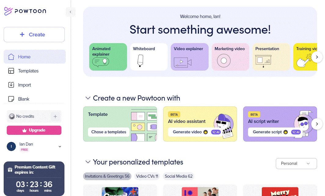 Powtoon’s Main Interface